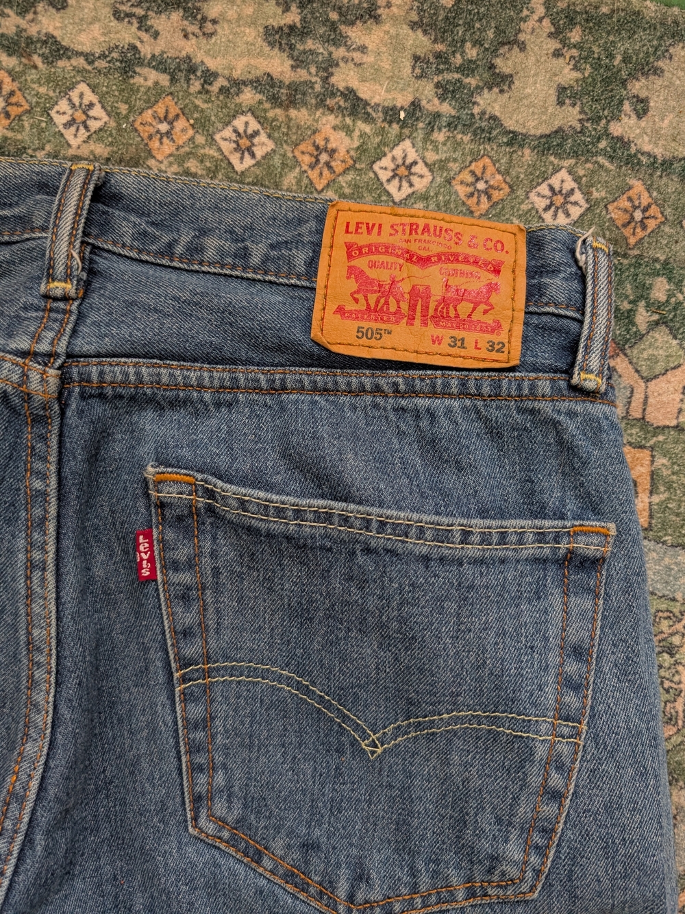 Levi's 505 Straight-Leg Jeans in Medium Blue with Brown Patch